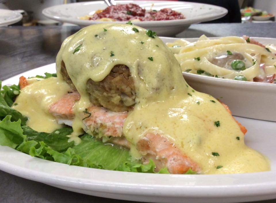 Salmon and crab with hollandaise